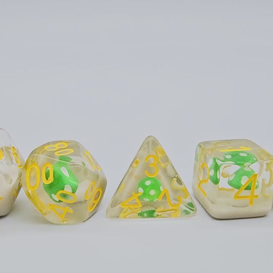 Video for Transparent Resin DND Dice with Green Mushrooms inside.