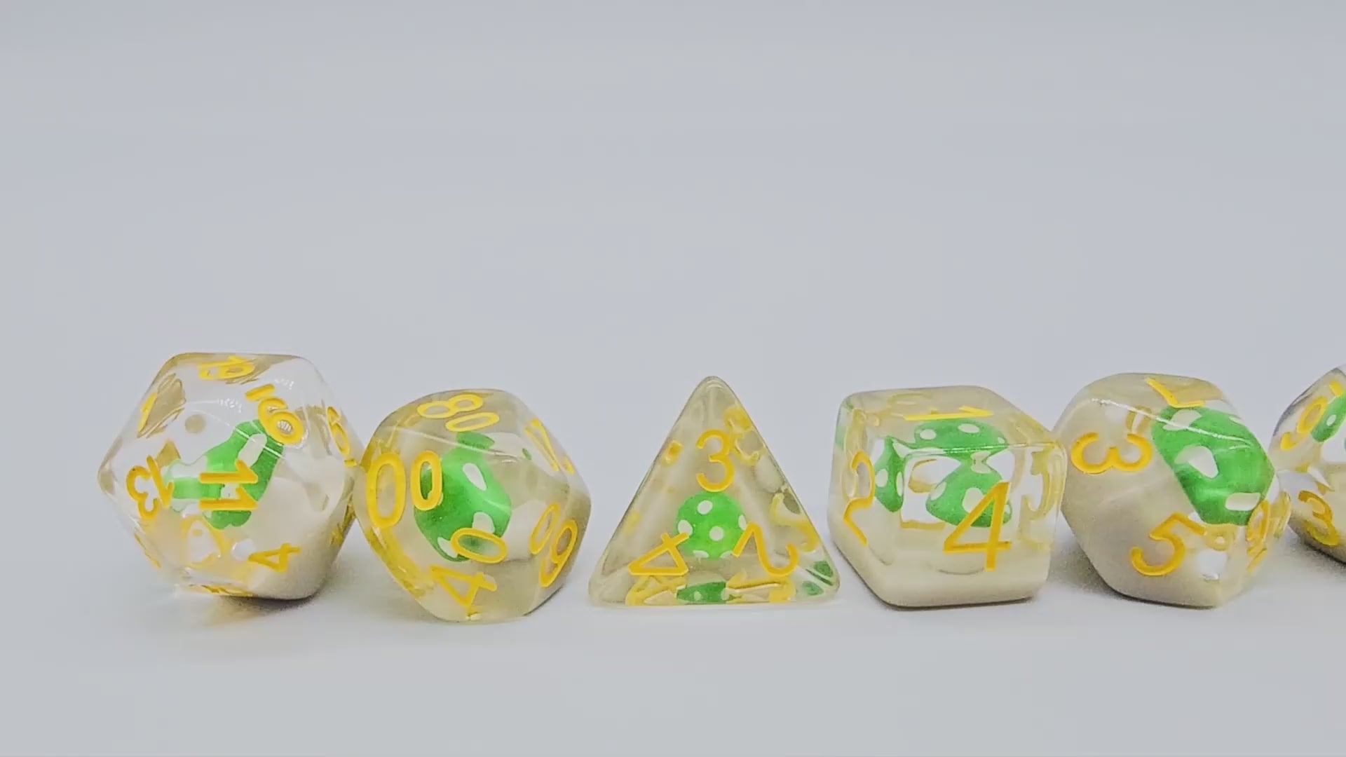 Video for Transparent Resin DND Dice with Green Mushrooms inside.