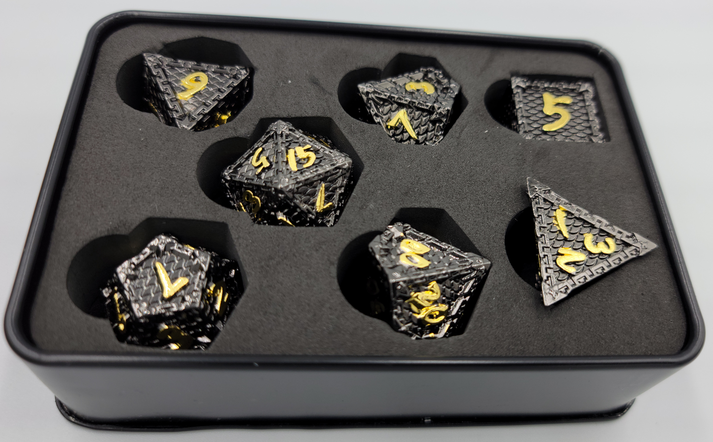 Black & Gold Dragon Scale Metal 7 Piece D&D Dice Set + Metal Box