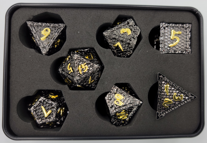 Black & Gold Dragon Scale Metal 7 Piece D&D Dice Set + Metal Box