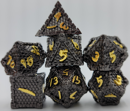 Black & Gold Dragon Scale Metal 7 Piece D&D Dice Set + Metal Box