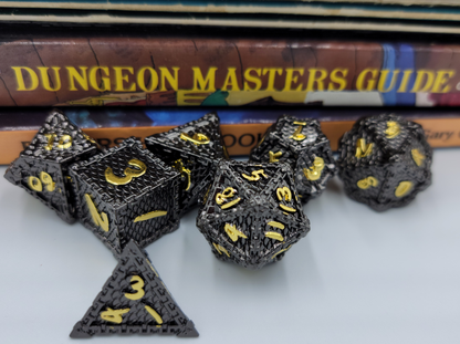 Black & Gold Dragon Scale Metal 7 Piece D&D Dice Set + Metal Box