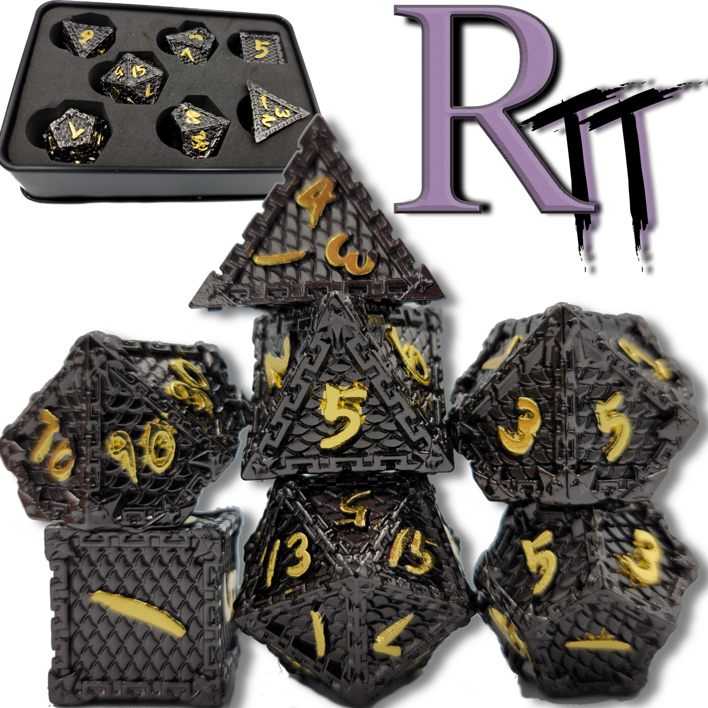 Black & Gold Dragon Scale Metal 7 Piece D&D Dice Set + Metal Box