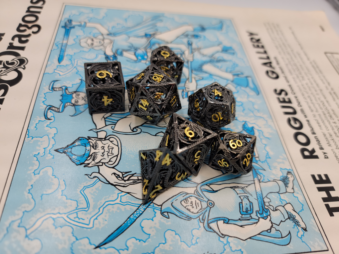 Hollow Metal Black & Gold Dragon DND Dice Set