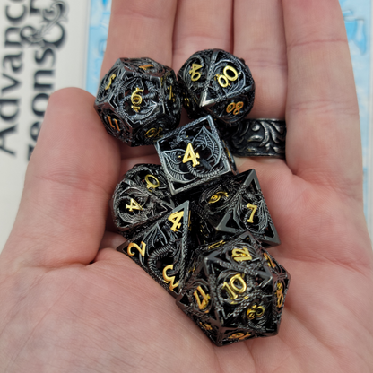 Hollow Metal Black & Gold Dragon DND Dice Set