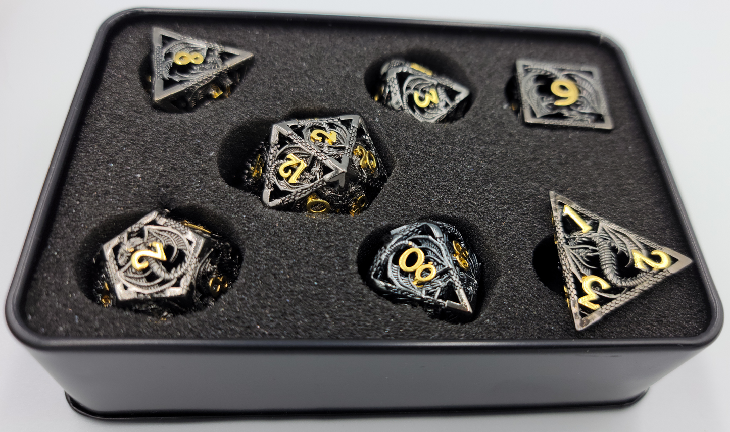 Hollow Metal Black & Gold Dragon DND Dice Set