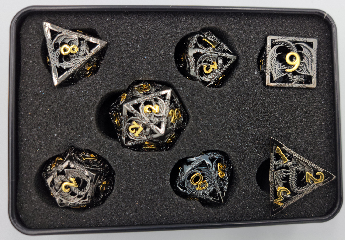 Hollow Metal Black & Gold Dragon DND Dice Set