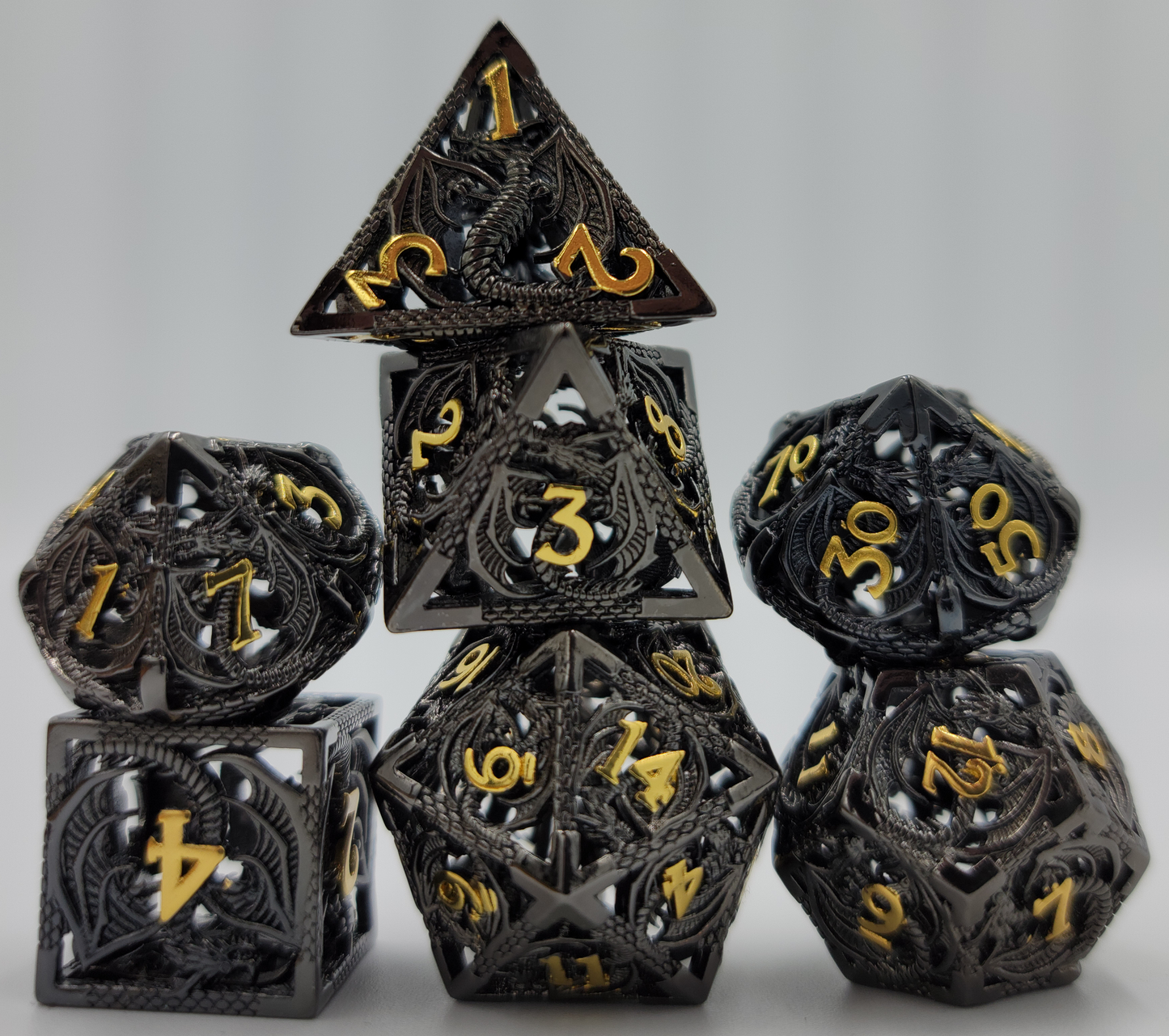 Hollow Metal Black & Gold Dragon DND Dice Set