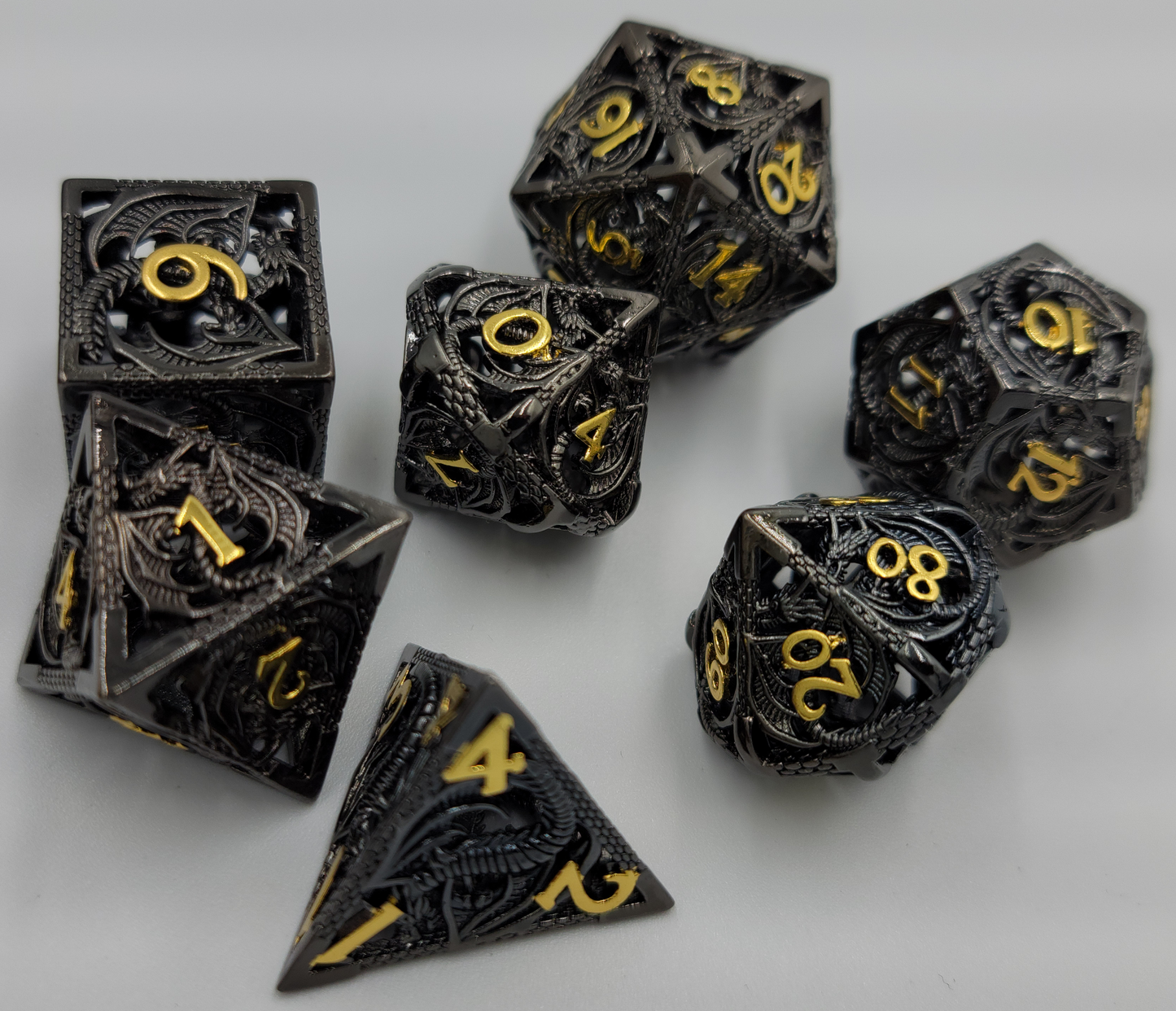 Hollow Metal Black & Gold Dragon DND Dice Set