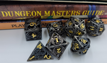 Hollow Metal Black & Gold Dragon DND Dice Set