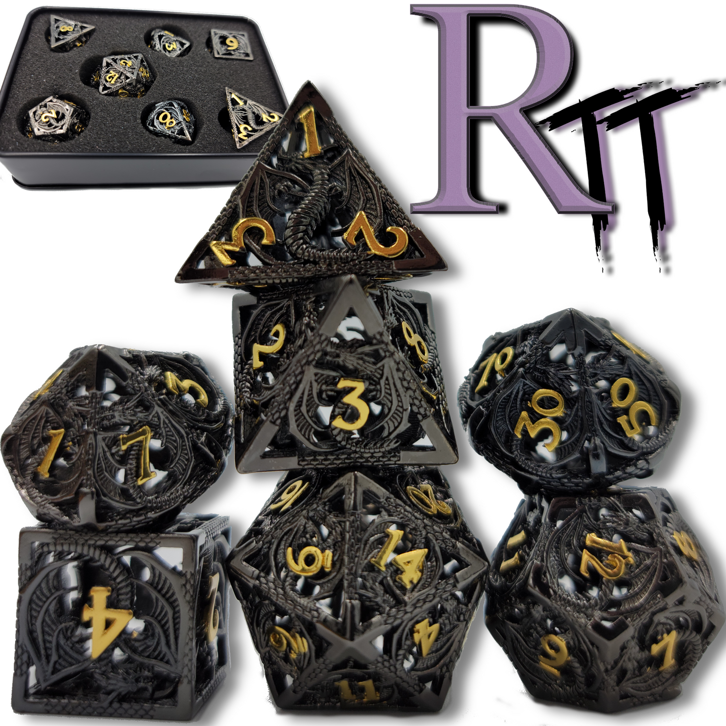 Hollow Metal Black & Gold Dragon DND Dice Set