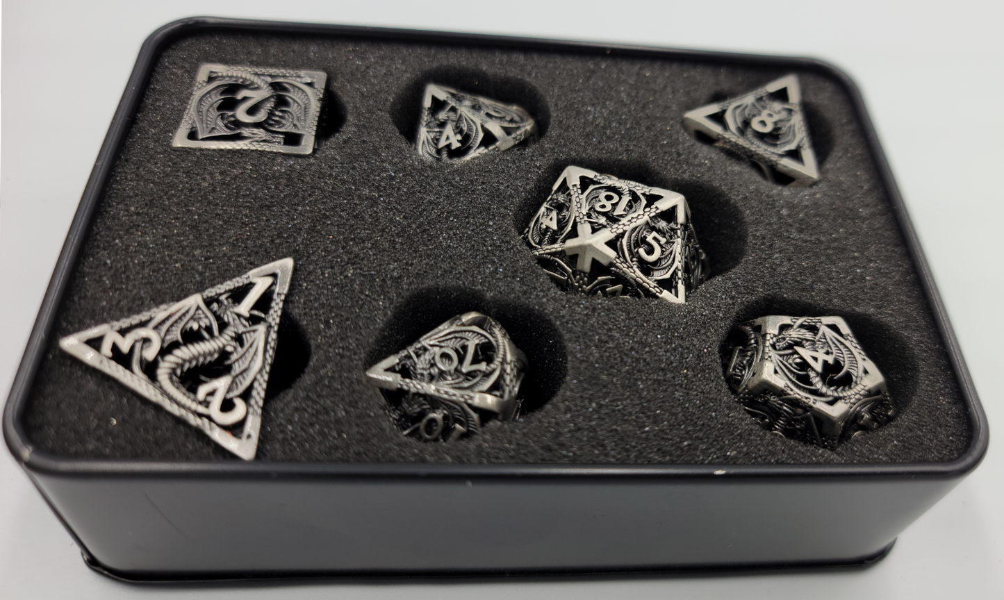 Hollow Metal Gray Dragon DND Dice Set