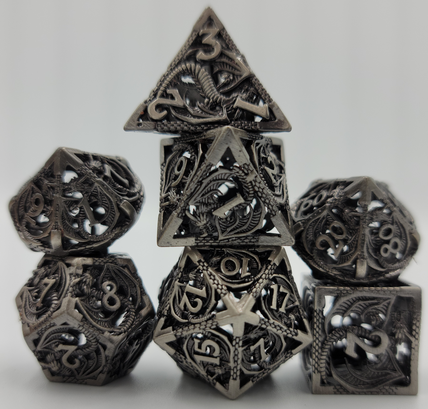 Hollow Metal Gray Dragon DND Dice Set