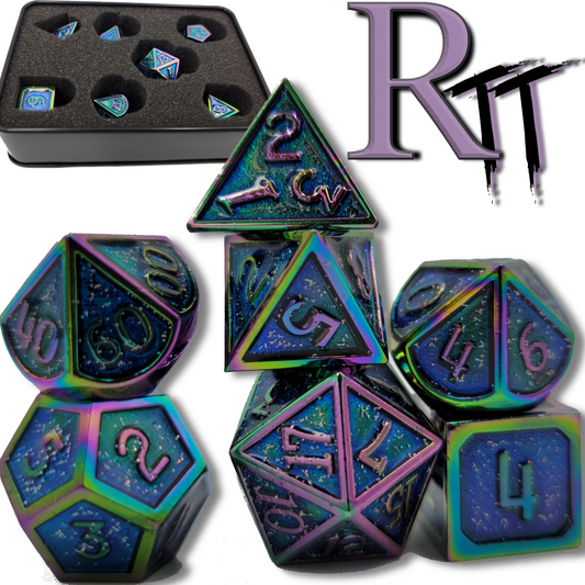 Blue & Rainbow/Chromatic Metal 7 Piece D&D Dice Set + Metal Box