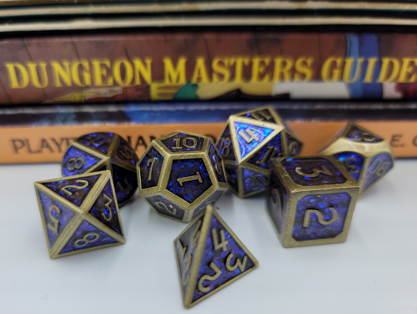 Blue & Ancient Gold Metal 7 Piece D&D Dice Set + Metal Box