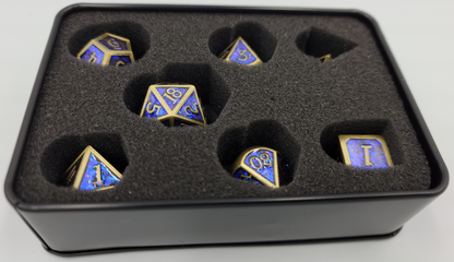 Blue & Ancient Gold Metal 7 Piece D&D Dice Set + Metal Box