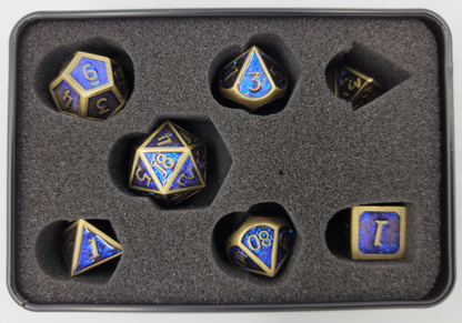 Blue & Ancient Gold Metal 7 Piece D&D Dice Set + Metal Box