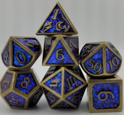 Blue & Ancient Gold Metal 7 Piece D&D Dice Set + Metal Box