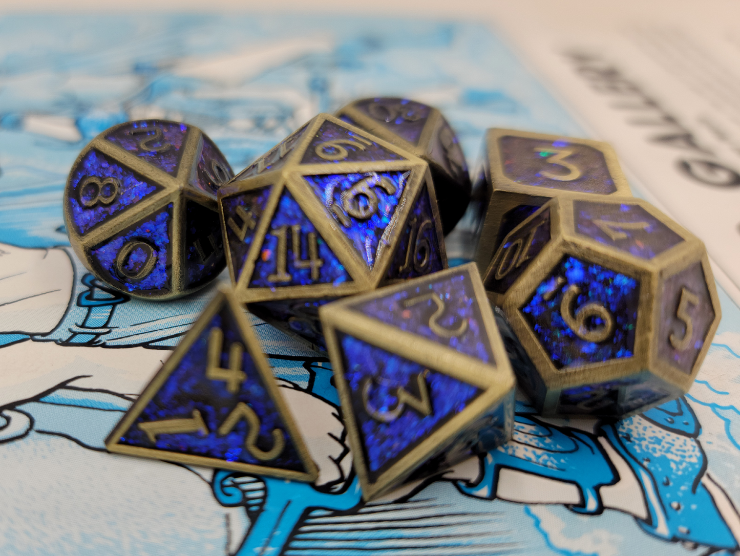 Blue & Ancient Gold Metal 7 Piece D&D Dice Set + Metal Box