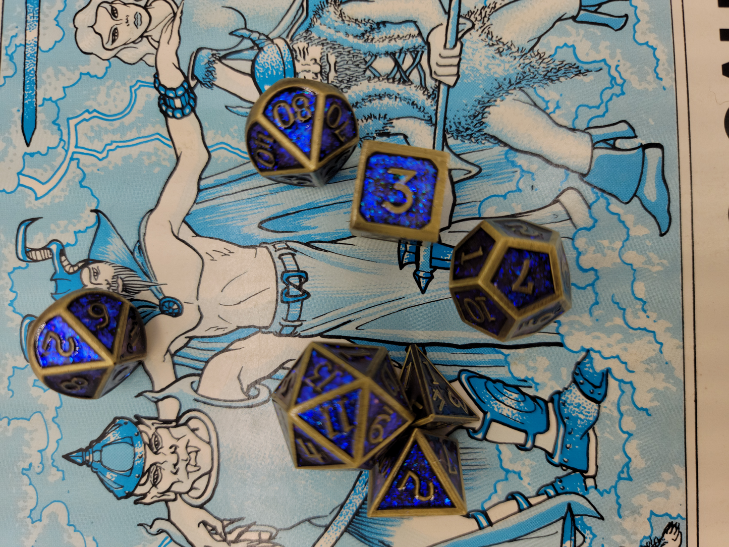 Blue & Ancient Gold Metal 7 Piece D&D Dice Set + Metal Box