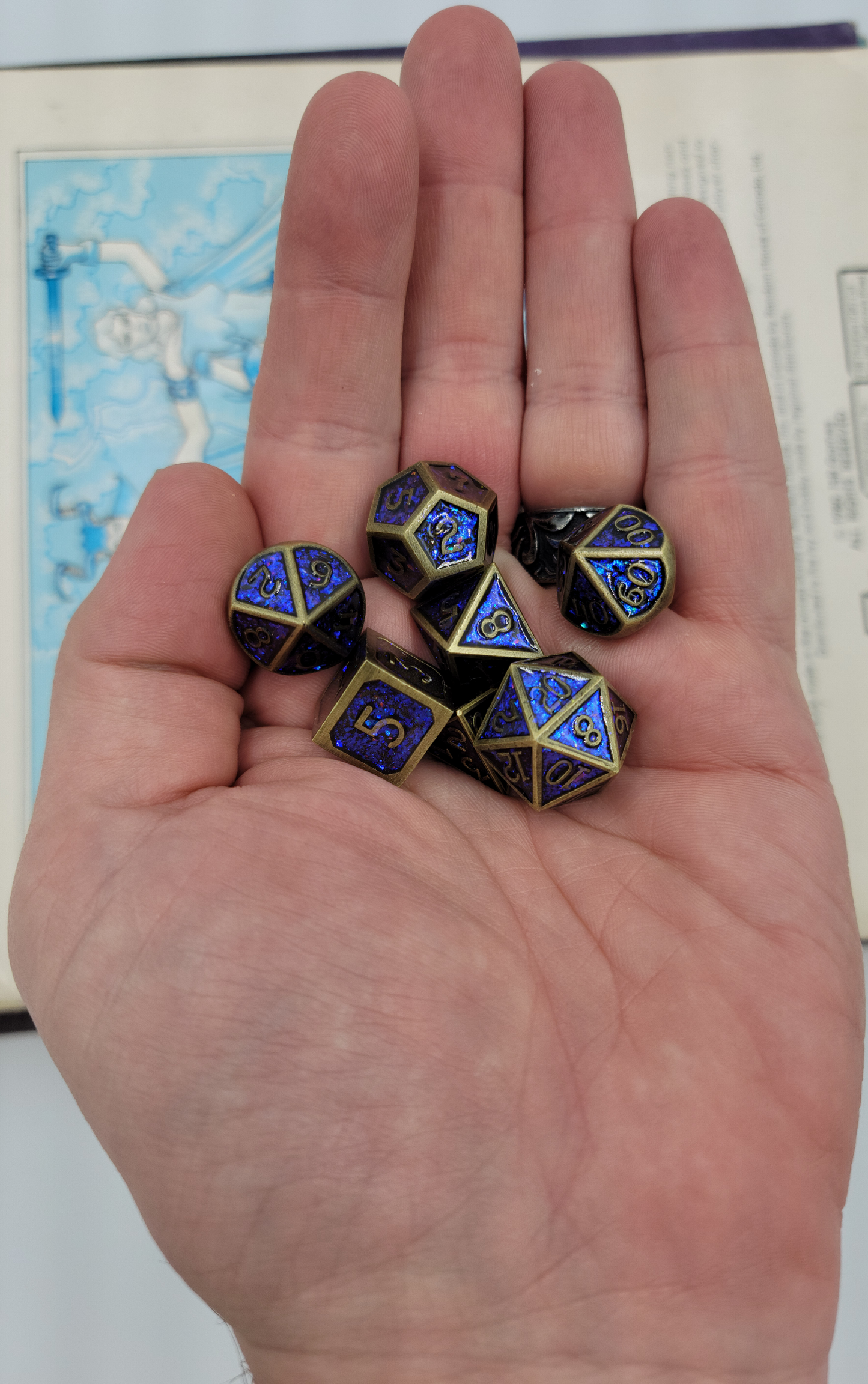 Blue & Ancient Gold Metal 7 Piece D&D Dice Set + Metal Box