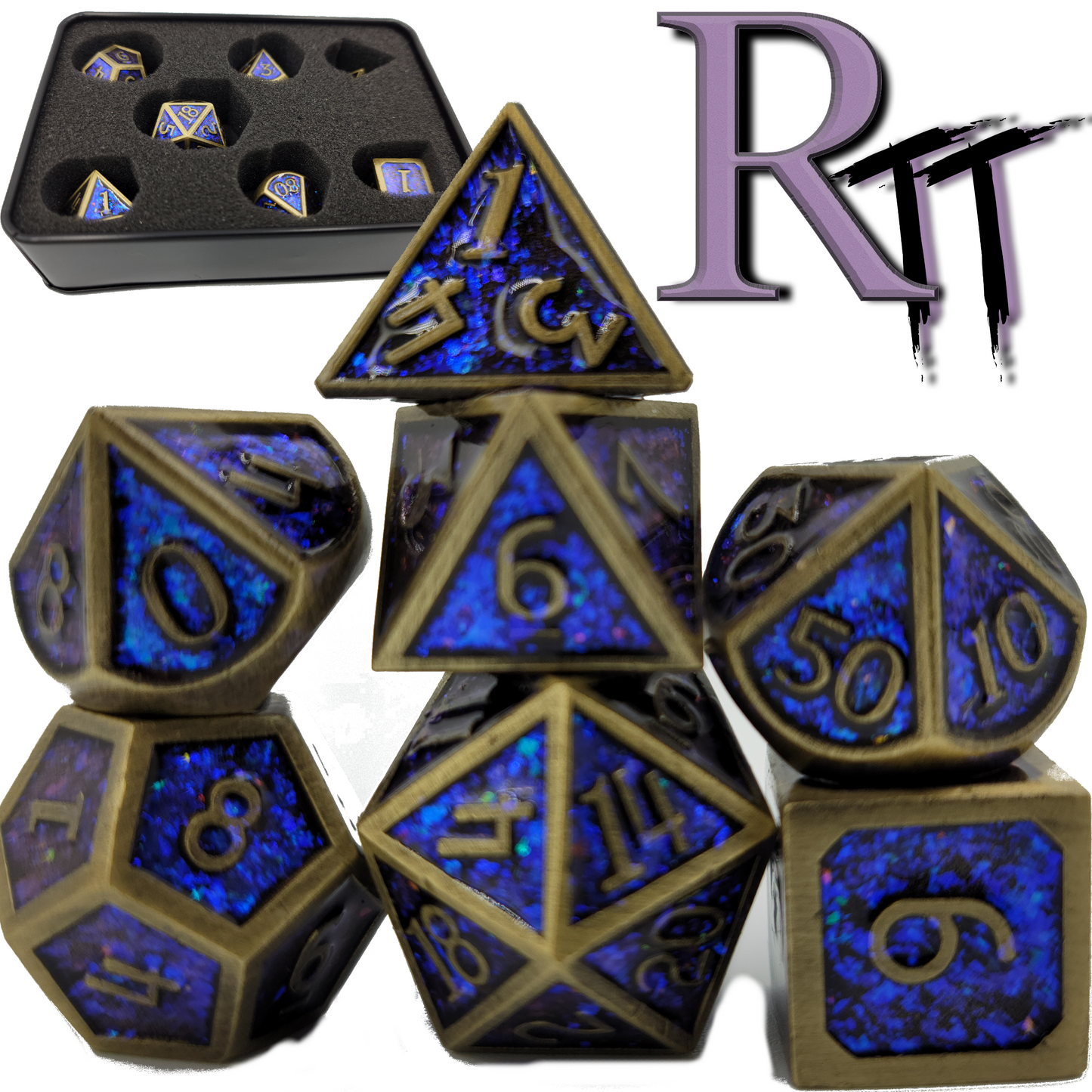 Blue & Ancient Gold Metal 7 Piece D&D Dice Set + Metal Box