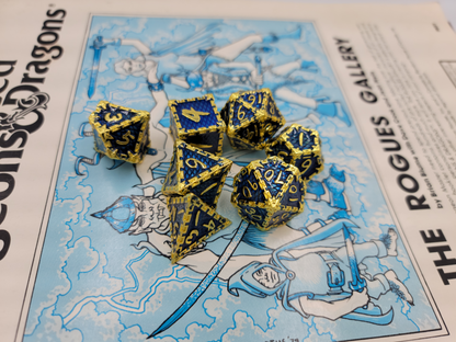 Blue & Gold Dragon Scale Metal 7 Piece D&D Dice Set + Metal Box