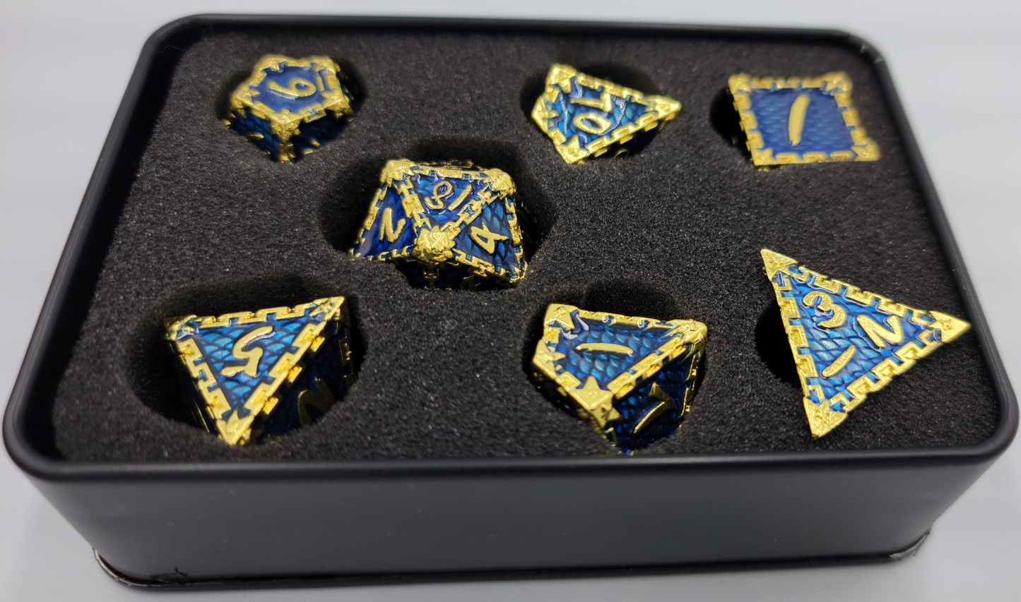 Blue & Gold Dragon Scale Metal 7 Piece D&D Dice Set + Metal Box