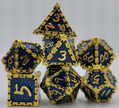 Blue & Gold Dragon Scale Metal 7 Piece D&D Dice Set + Metal Box