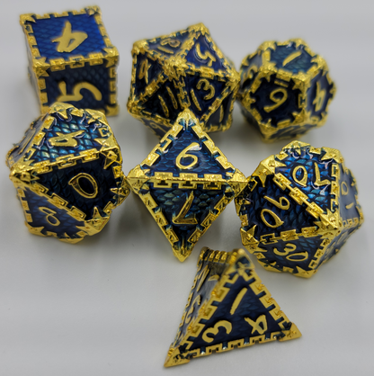 Blue & Gold Dragon Scale Metal 7 Piece D&D Dice Set + Metal Box