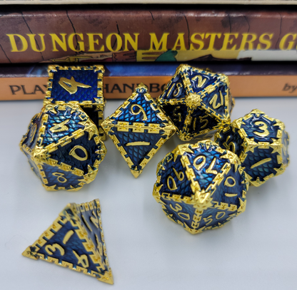 Blue & Gold Dragon Scale Metal 7 Piece D&D Dice Set + Metal Box