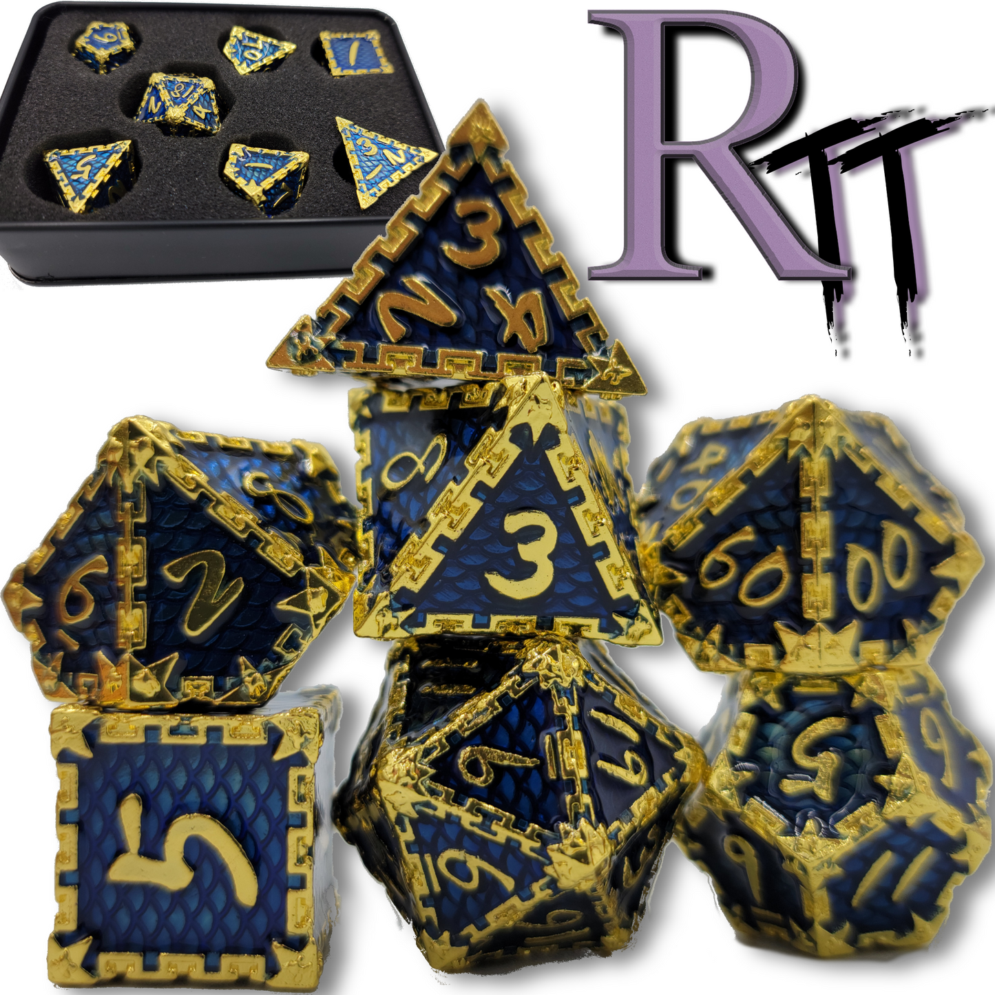 Blue & Gold Dragon Scale Metal 7 Piece D&D Dice Set + Metal Box