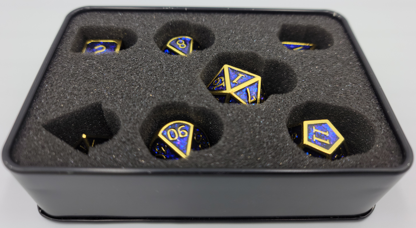 Blue & Gold Metal 7 Piece D&D Dice Set + Metal Box