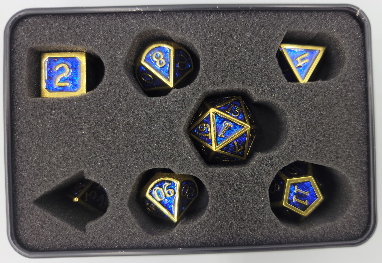 Blue & Gold Metal 7 Piece D&D Dice Set + Metal Box