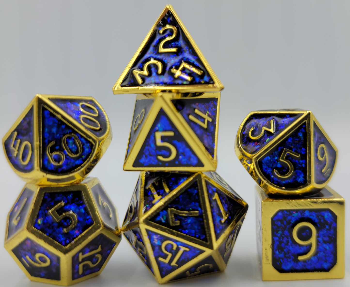 Blue & Gold Metal 7 Piece D&D Dice Set + Metal Box