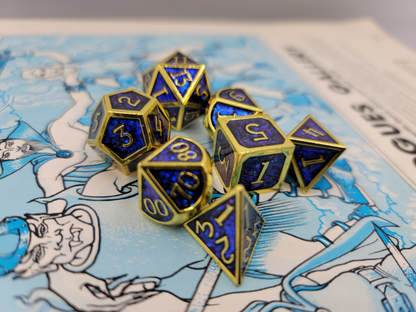 Blue & Gold Metal 7 Piece D&D Dice Set + Metal Box