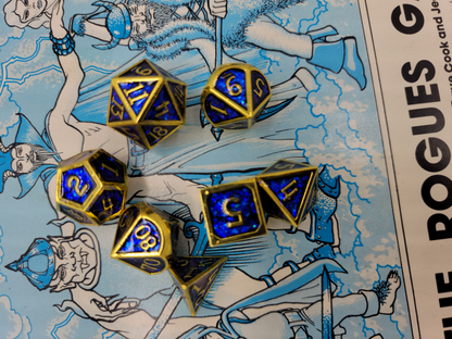 Blue & Gold Metal 7 Piece D&D Dice Set + Metal Box