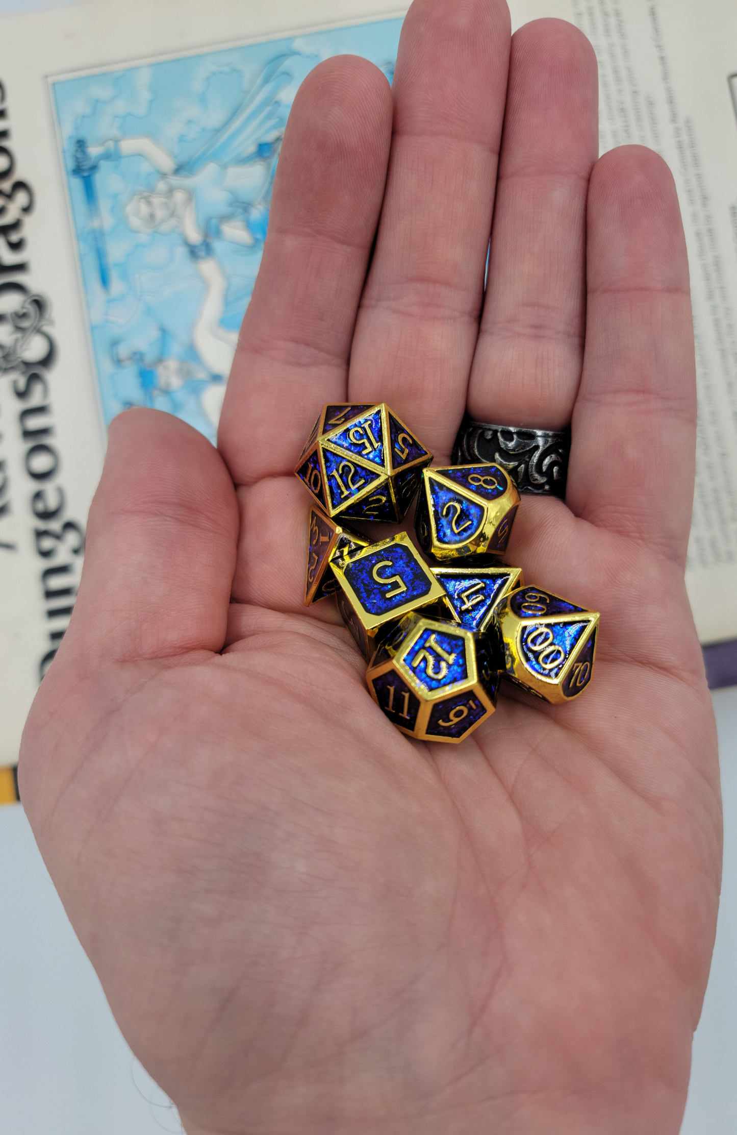 Blue & Gold Metal 7 Piece D&D Dice Set + Metal Box