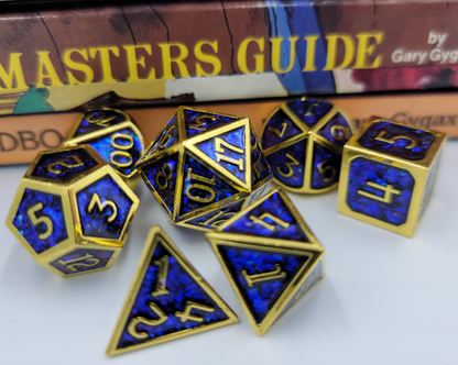 Blue & Gold Metal 7 Piece D&D Dice Set + Metal Box