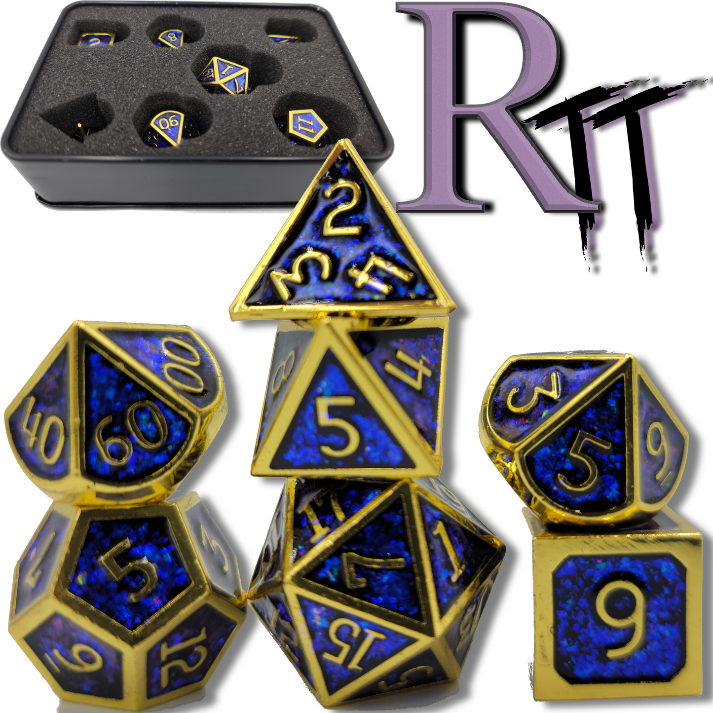 Blue & Gold Metal 7 Piece D&D Dice Set + Metal Box