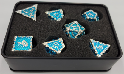 Blue & Silver Dragon Scale Metal 7 Piece D&D Dice Set + Metal Box