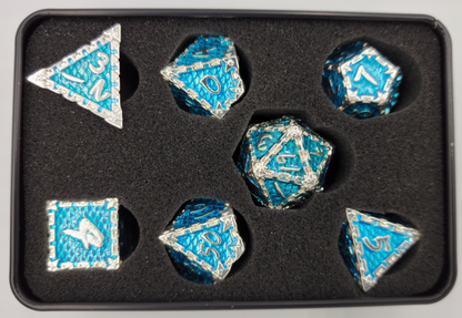 Blue & Silver Dragon Scale Metal 7 Piece D&D Dice Set + Metal Box