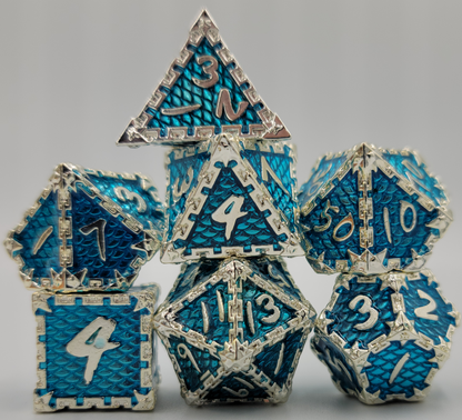 Blue & Silver Dragon Scale Metal 7 Piece D&D Dice Set + Metal Box