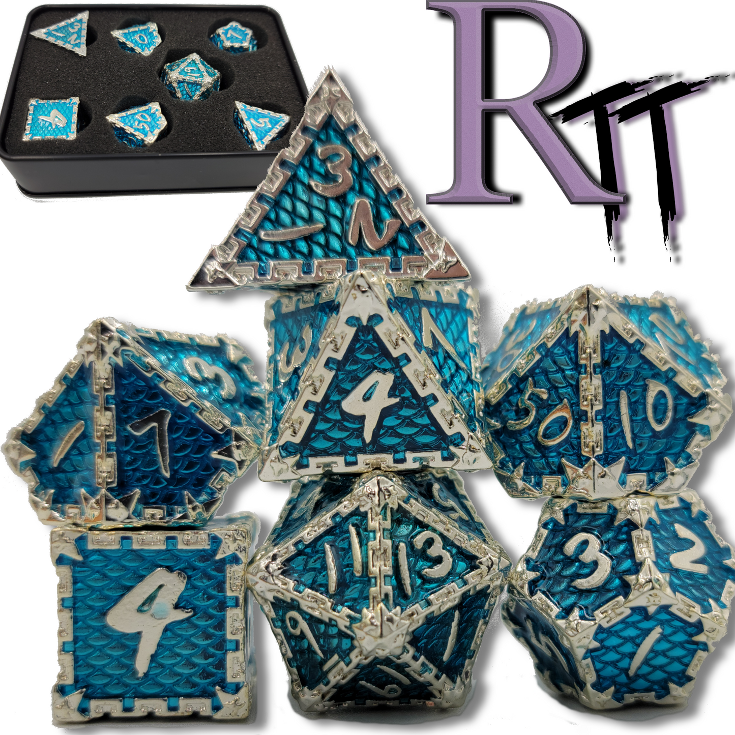 Blue & Silver Dragon Scale Metal 7 Piece D&D Dice Set + Metal Box