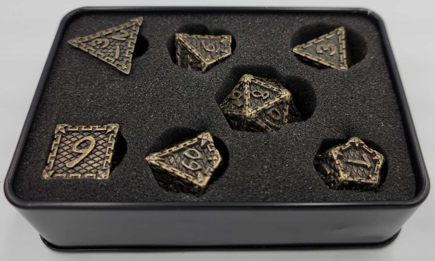 Bronze Dragon Scale Metal 7 Piece D&D Dice Set + Metal Box