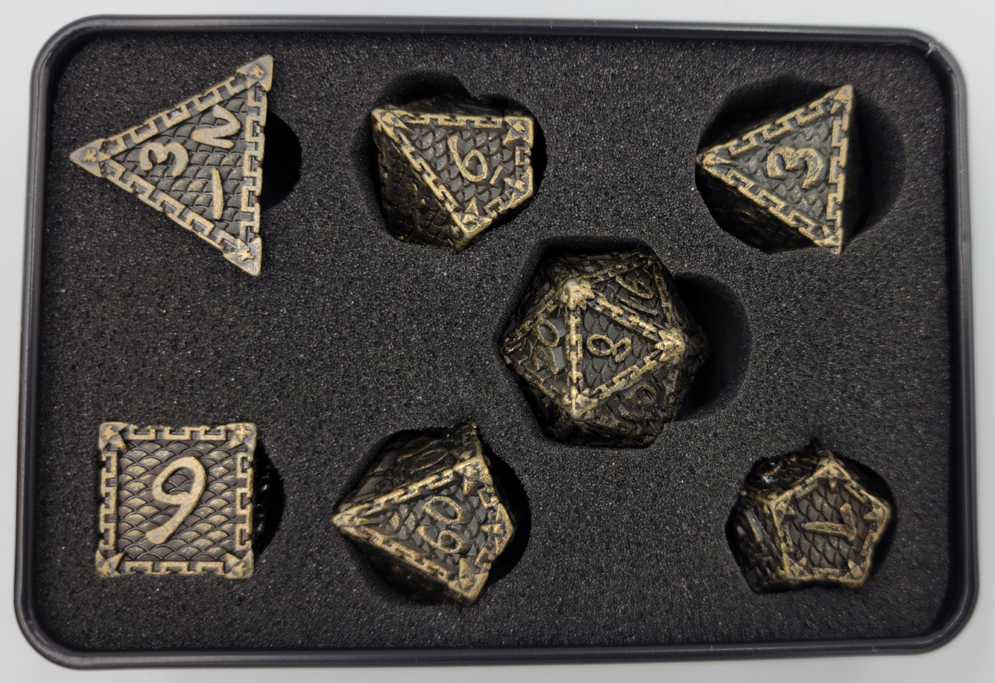 Bronze Dragon Scale Metal 7 Piece D&D Dice Set + Metal Box