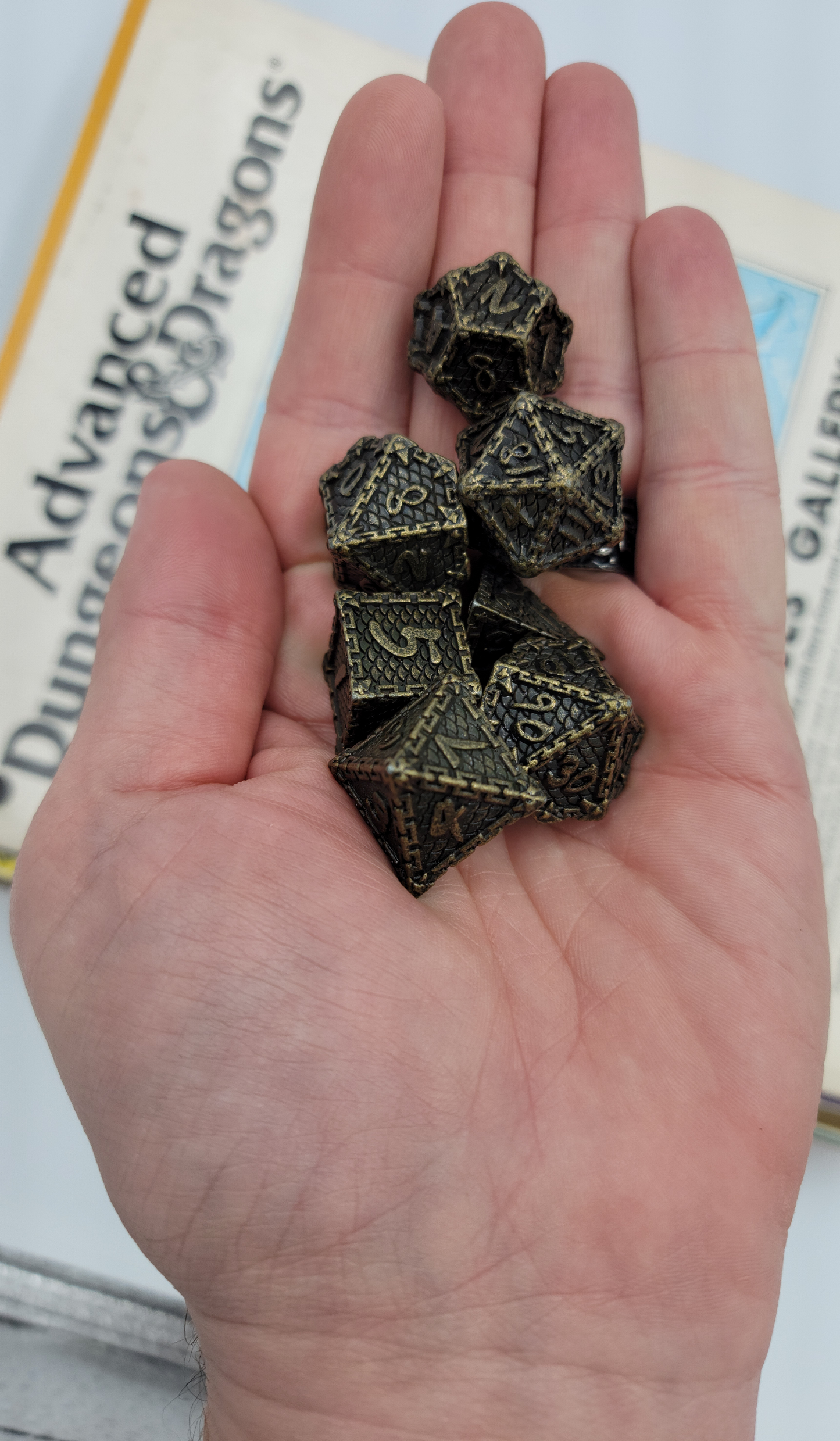 Bronze Dragon Scale Metal 7 Piece D&D Dice Set + Metal Box