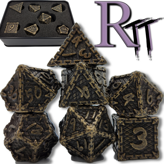 Bronze Dragon Scale Metal 7 Piece D&D Dice Set + Metal Box