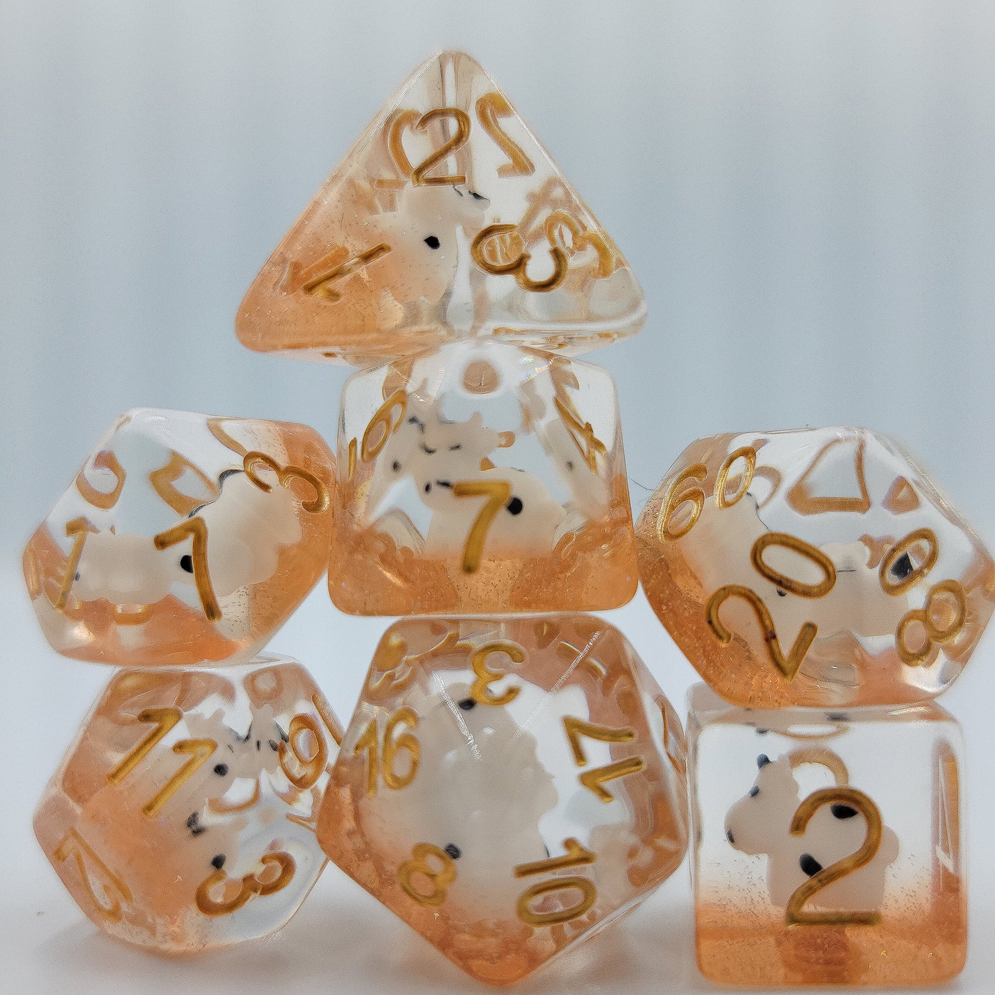 7pcs/Set Clear/Transparent Dairy Cow Farm Bovine Animal Polyhedral DND Dice RPG MTG Role Playing Game Tabletop Orange