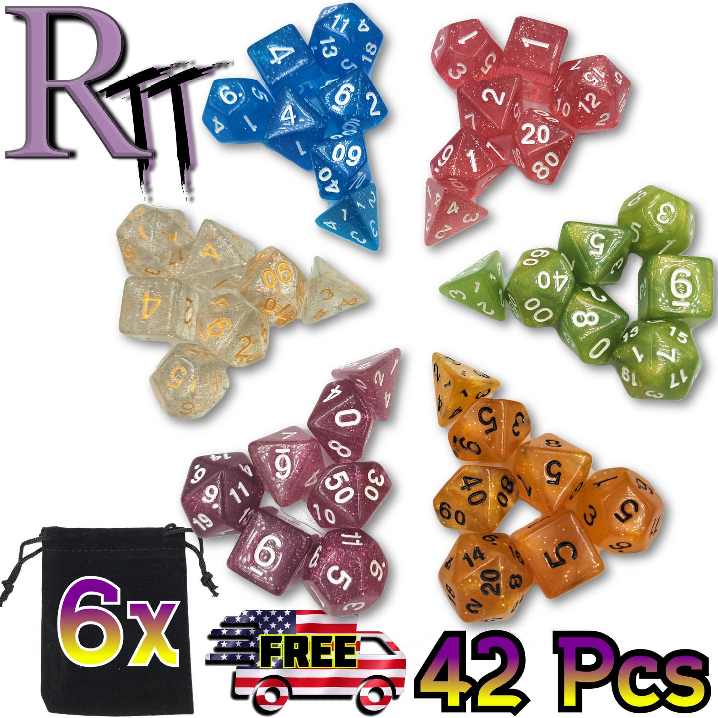 42 Piece DND Dice Set + 6 Velvet Dice Bags